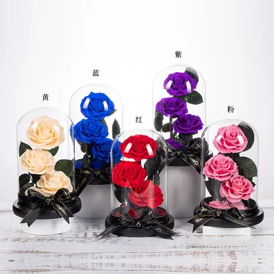 Wholesale Handmade Preserved Flowers Three Huge Eternal Forever Roses In Glass Dome Romantic Gift Set For Mother Wife Girl