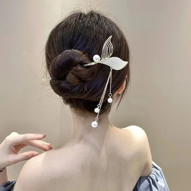 Shuoyang factory Chinese style mermaid tail tassel hairpin high-grade temperament national style pearl hair accessories