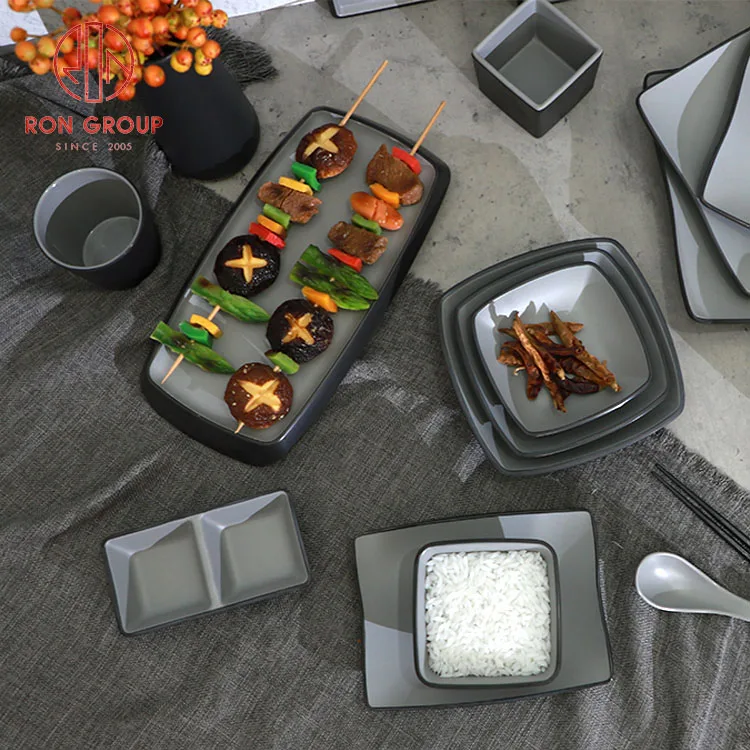 Japanese style high quality grey black food restaurant dinner round sushi plates bowls sets square tableware melamine dinnerware