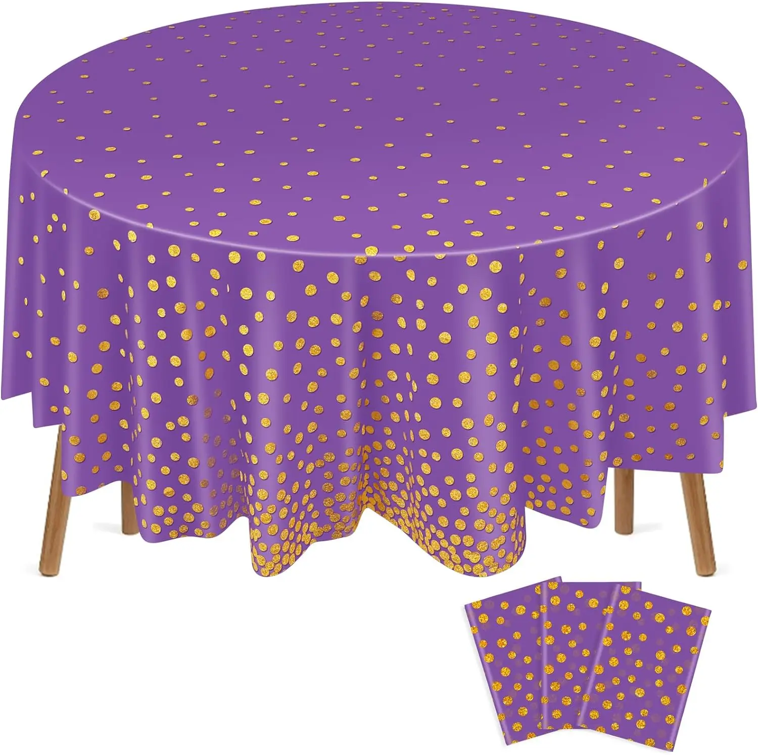 New Style Round Purple Gold Polka Dots Tablecloth 84 Inch Disposable Plastic Table Cover  Waterproof Table Cloth Wedding Party