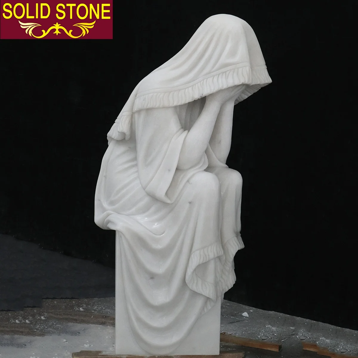 White marble sad woman statue tombstone headstone