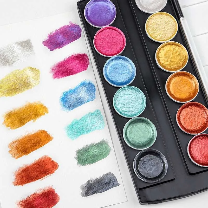 
Amazon Hot 12 Color Artist Metallic Watercolor Paint Set With Water Brush Pen for Painting Glitter Water Colour Pearlescent 