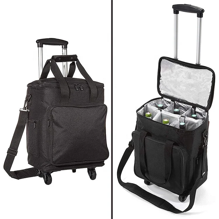 High Quality 6 Bottle Beer Drink Rolling Wine Box Bag Oxford Insulated Trolley Cooler Bag with Wheels