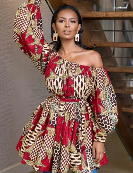 Hot Sale African Ladies Clothing Sexy One Shoulder Short Dresses Fashion Printed Belted Kitenge Dress Designs For African Women