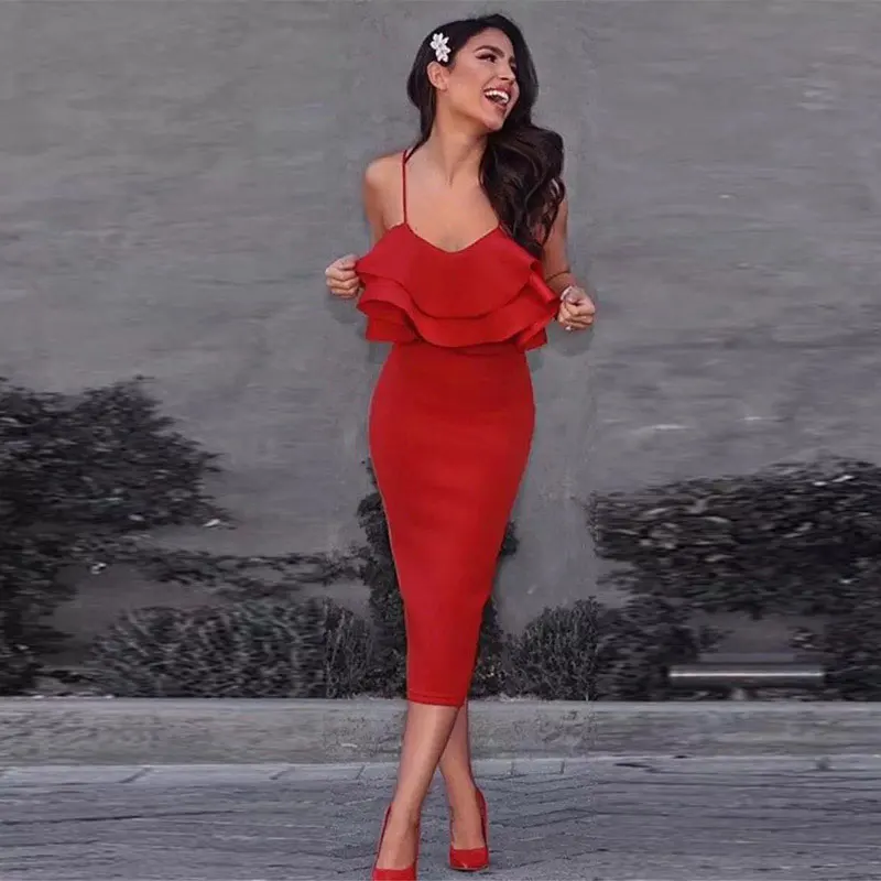 Elegant Red Ruffle spaghetti Strap Bodycon Bandage Dress Celebrity Party Casual Mini Dress For Wholesale & Retail