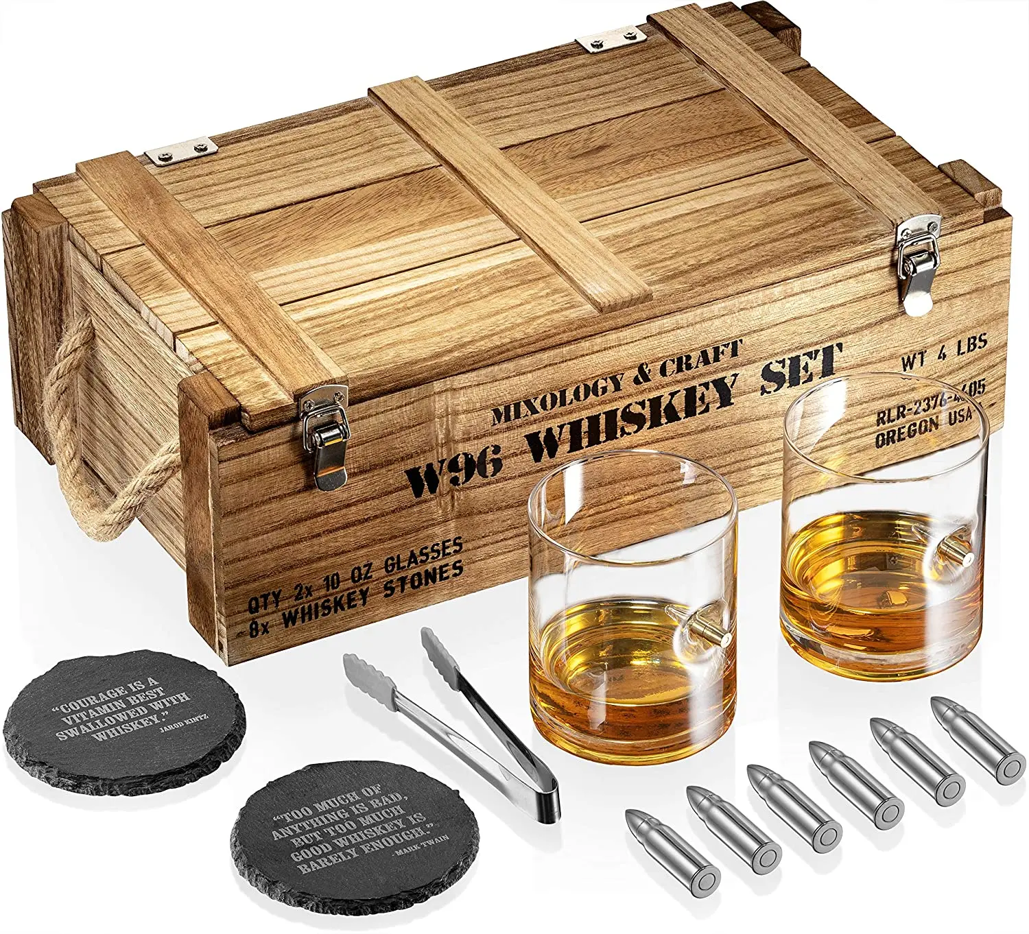 
2021 new product custom Whiskey Stones Gift Set ,8 Granite Chilling Whisky Rocks, 2 Crystal Shot Glasses in Wooden Box ,Premium 