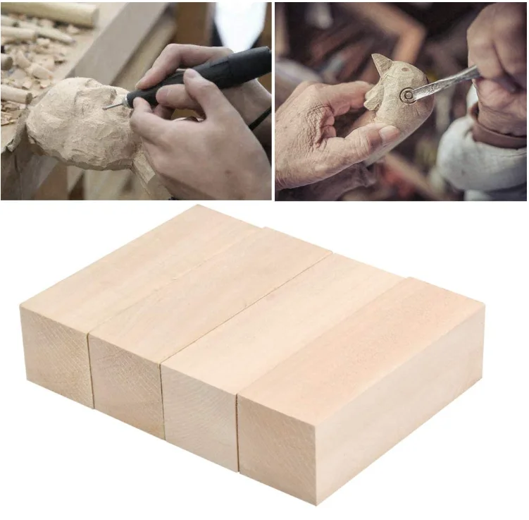 Wood Crafts  4-piece unfinished basswood carving block suit kiln drying whitening cork carving block hobby suit