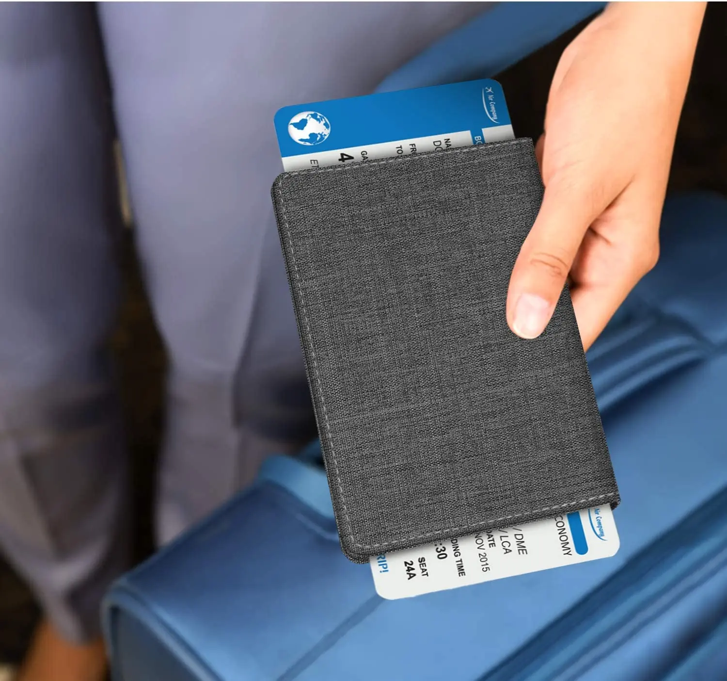 Passport Holder Travel Wallet RFID Blocking PU Leather Card Case Cover Denim Charcoal Brown