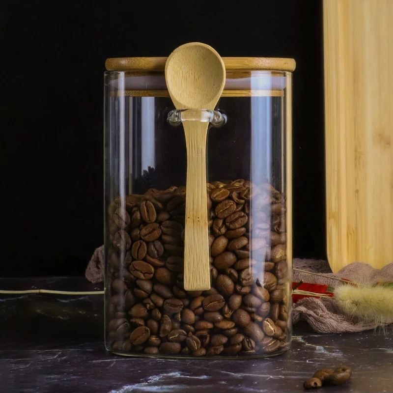 
Square Round food glass jar with bamboo cover and wooden spoon store candy cookies and other food 