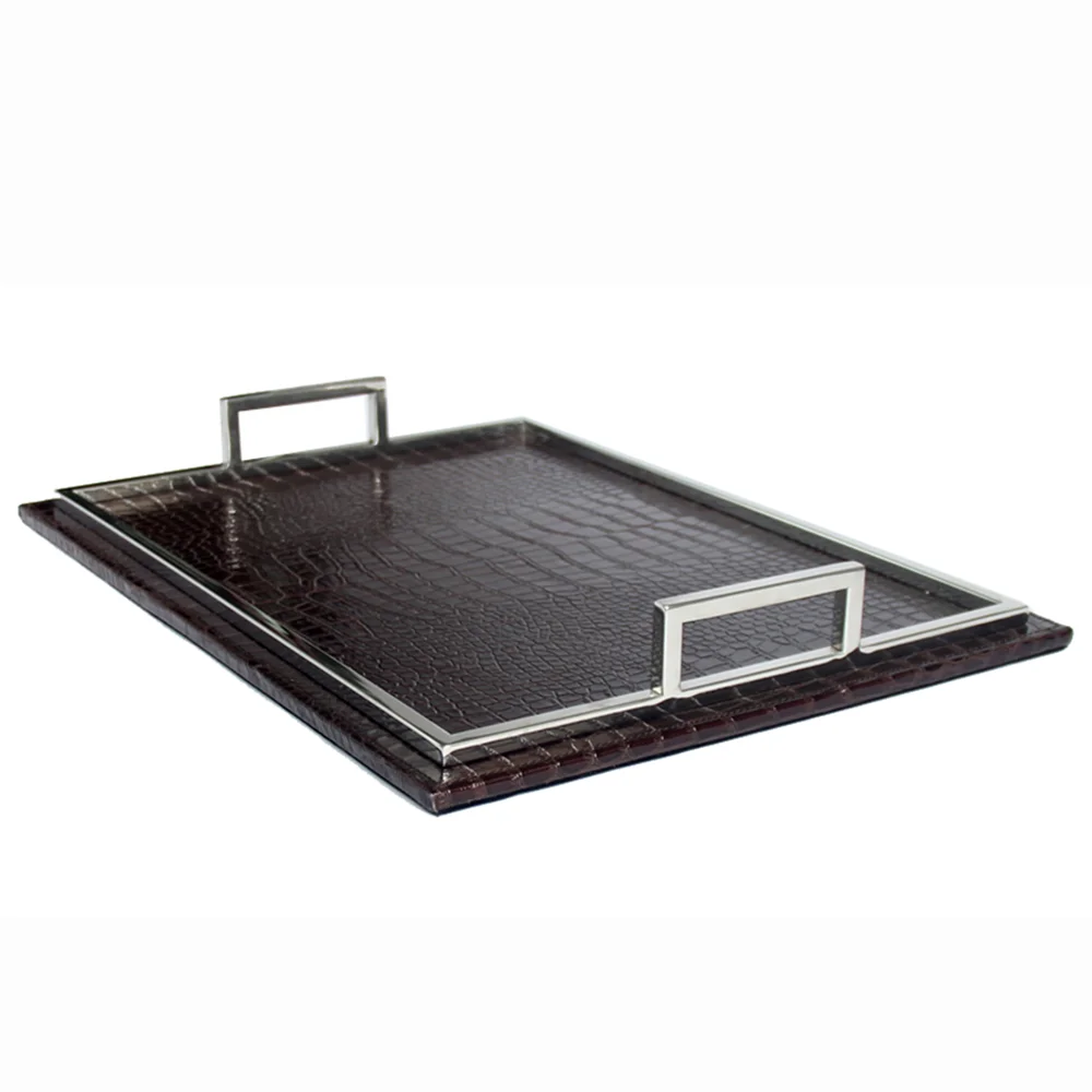 Luxury Shagreen Faux Leather Storage Tray Serving Tray With Metal Handles