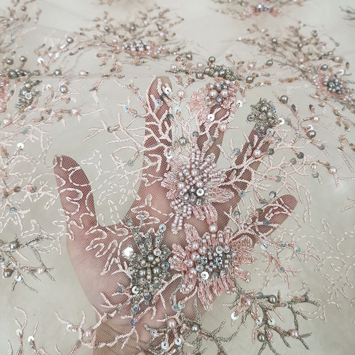 Новый дизайн высокое качество блестки бусины ручная работа кружевная ткань французское красивое вышитое розовое свадебное платье тюль Сетчатый текстиль