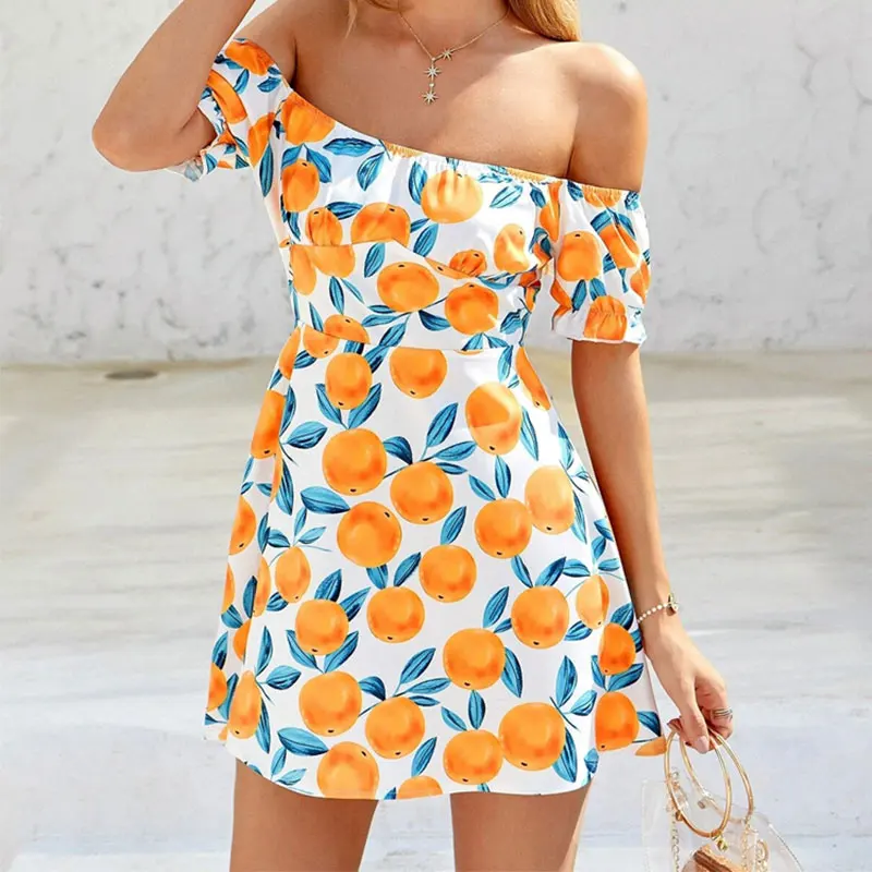 2022 New Design spring and summer fruit printing Beach Mini Dress French one-shoulder picnic casual dress