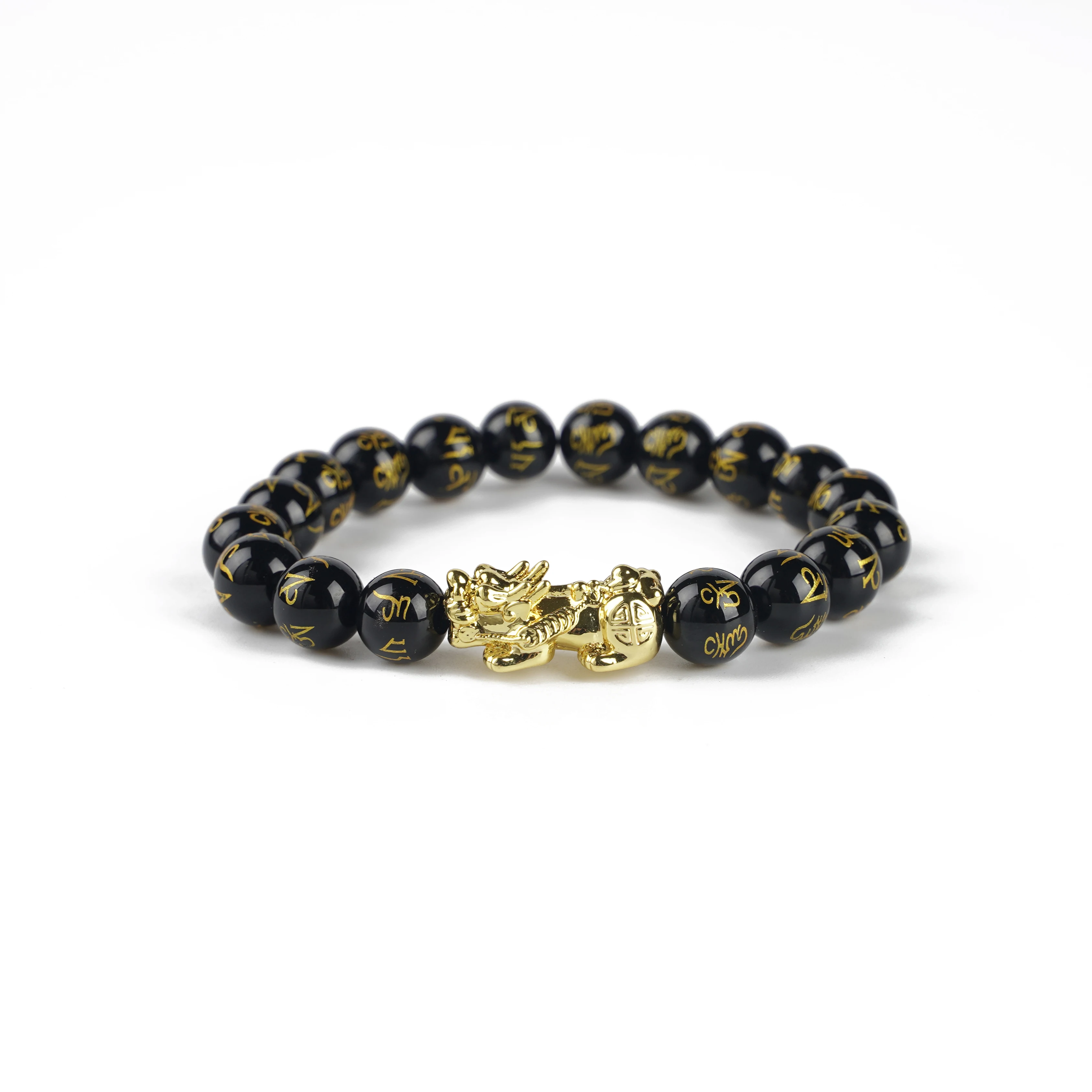 Feng Shui Black Obsidian Bracelet Snaskirt Engraved 10mm Beads Copper Piyao Wealth Good Luck Gold Bucket Beaded Pixiu Bracelet