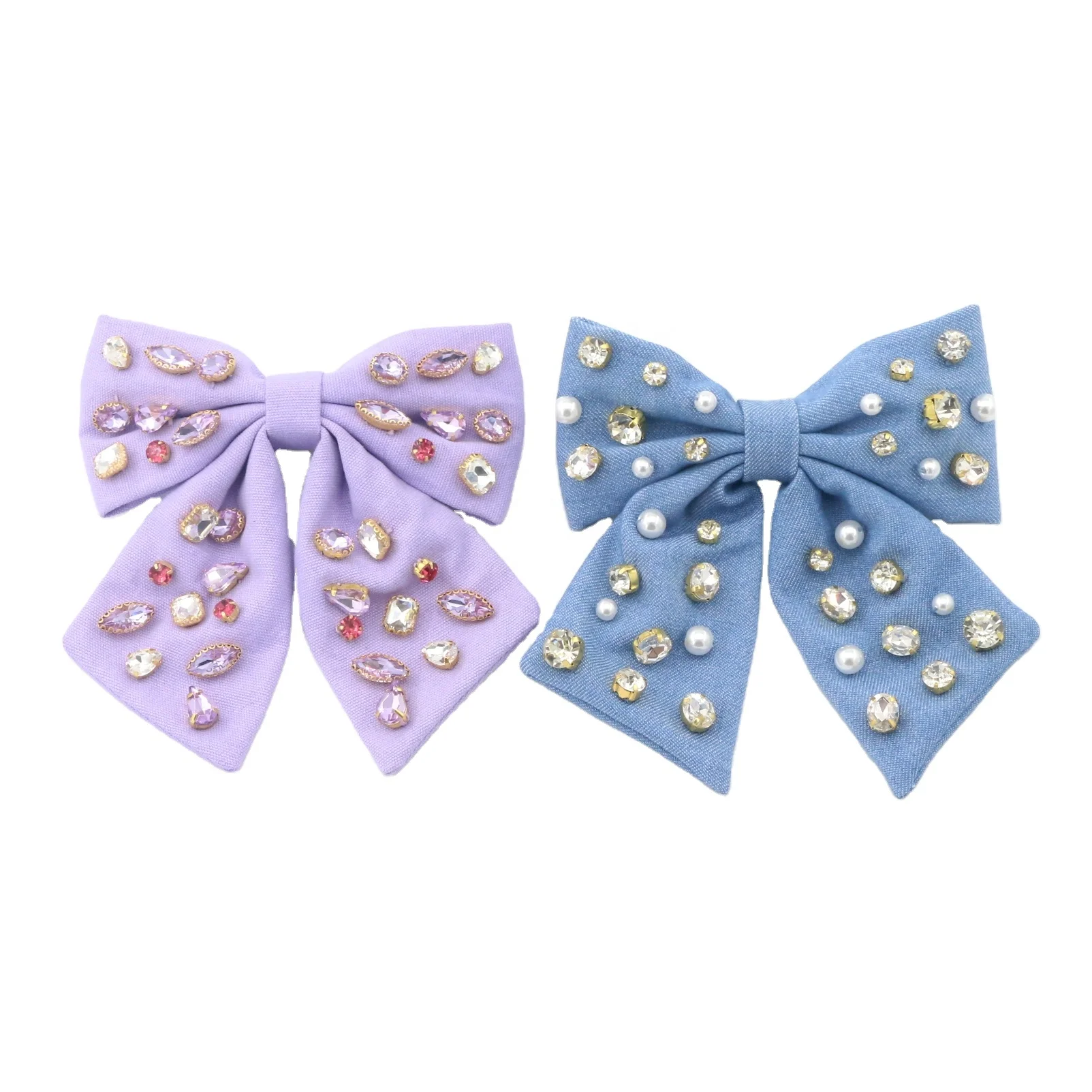 Dream Fashion Vintage Bow Denim Fabric With Colored Crystals Pearl French Spring Hair Accessories For Girls