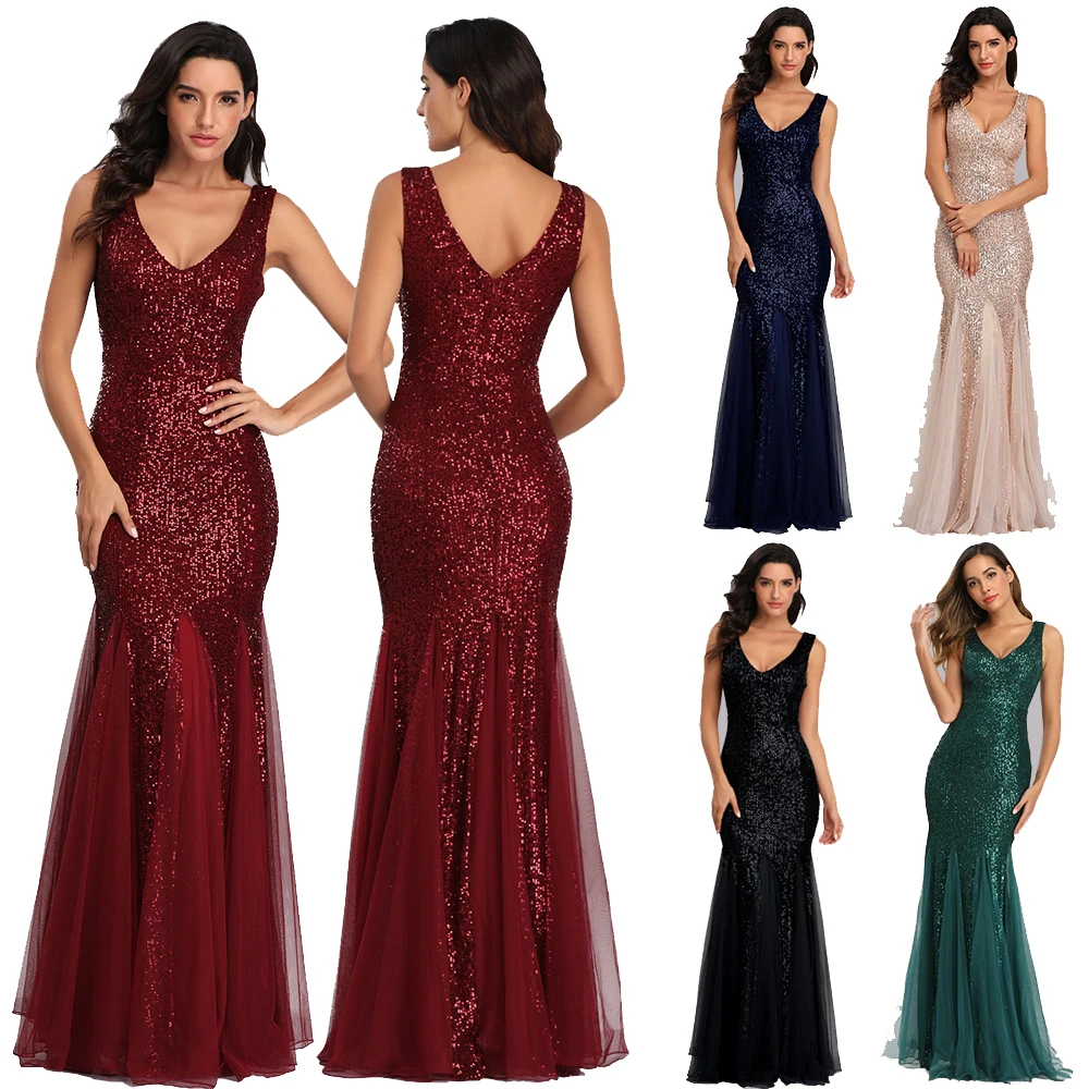 2024 Wholesale Luxurious Mermaid Dress Sexy V-neck Sequin Party Dress High Quality Elegant Evening Dress