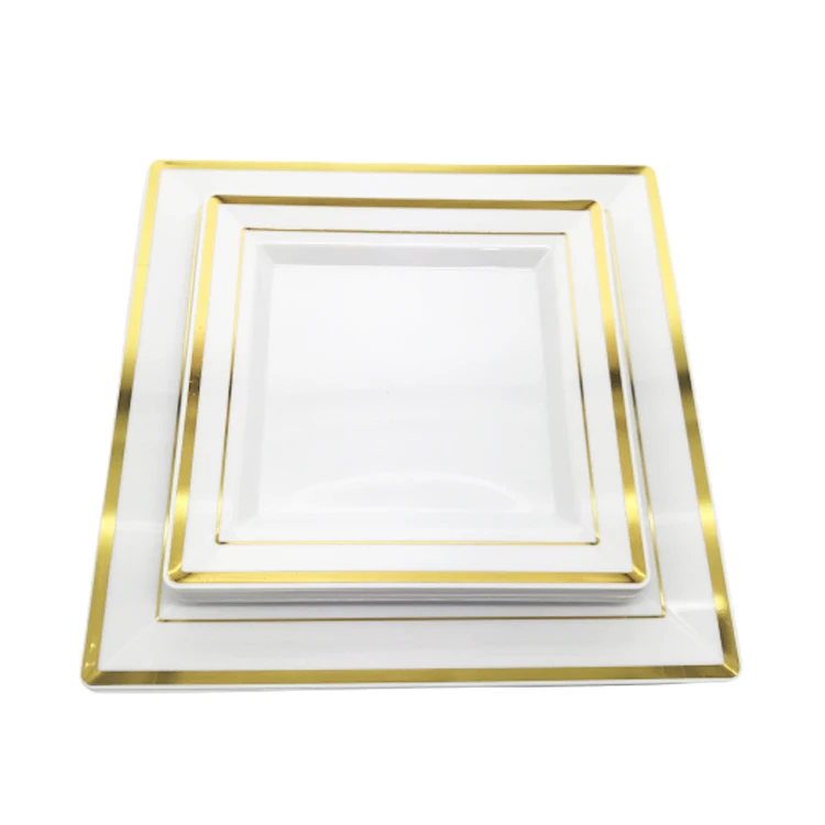 Disposable Plastic Gold Square Dinner Plates Classic Wedding Party Plates