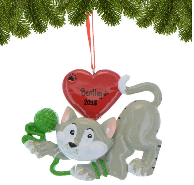 Personalized resin playful grey cat Christmas ornaments. Christmas Kitten decorations Grey cat lover decorations
