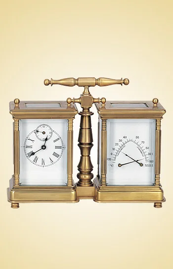 French Style Mid Brass Cased Conjoined Twins 8 Day Repeater Mechanical Movement T Shaped Hygrometer Carriage Travel Clock/Watch