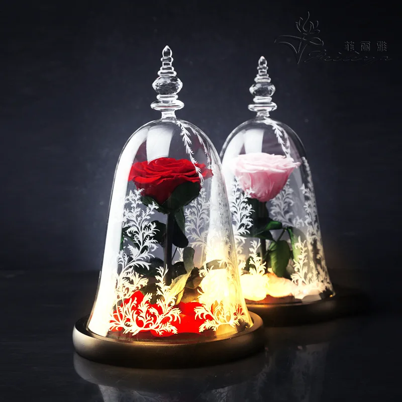 Rose Beautiful Artificial Red Eternal Rose Preserved Flower With Led Lights in Glass Dome for Festival or Birthday