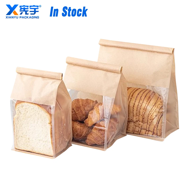 Brown Kraft Paper Bread Bag Flat Bottom Bread Paper Bag With Window Disposable Packing Paper Bag Curled Sealed Printing Logo