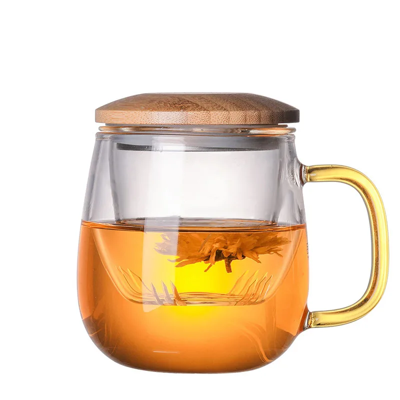 
 Стеклянная чашка Pyrex, стеклянный инфузер внутри с бамбуковым покрытием, прозрачная и ручка янтарного цвета, 420 мл  