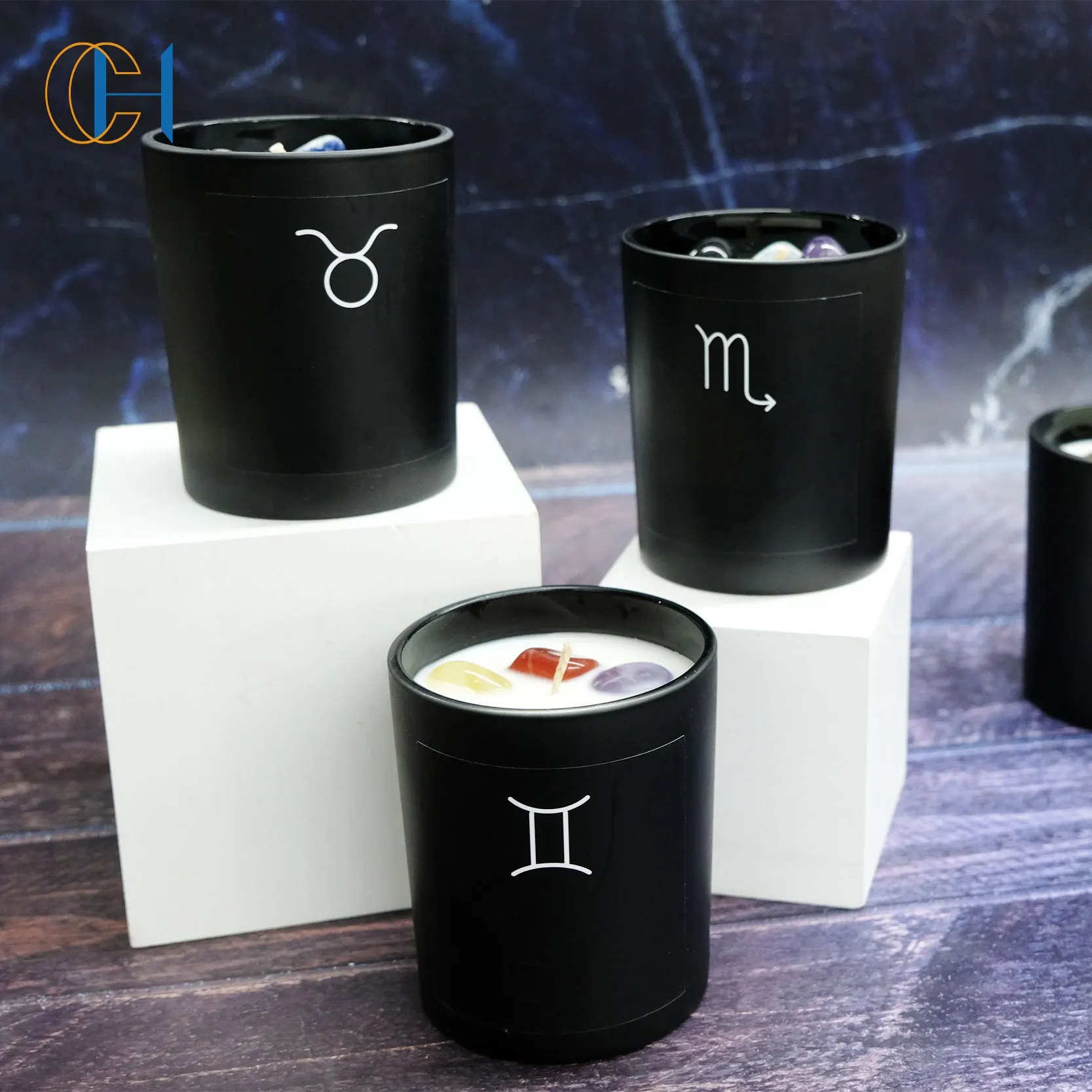 Custom Logo Black Constellation Candle Holder Matte Black Color Empty Container Wide Mouth Glass 12 Zodiac Candle Jar