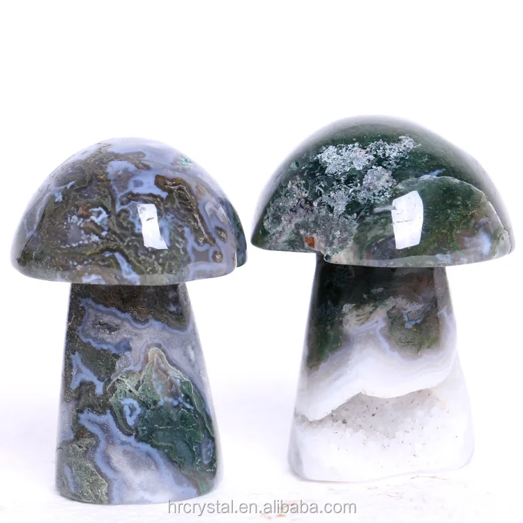 Hot Selling Nature Mushroom Shape Crystal Carved  Moss Agate Mushroom For Decoration