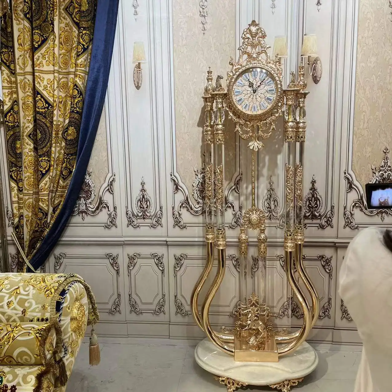 European Deluxe Crystal Clock Rose Golden Antique Standing Clock Brass Royal Grandfather Clock