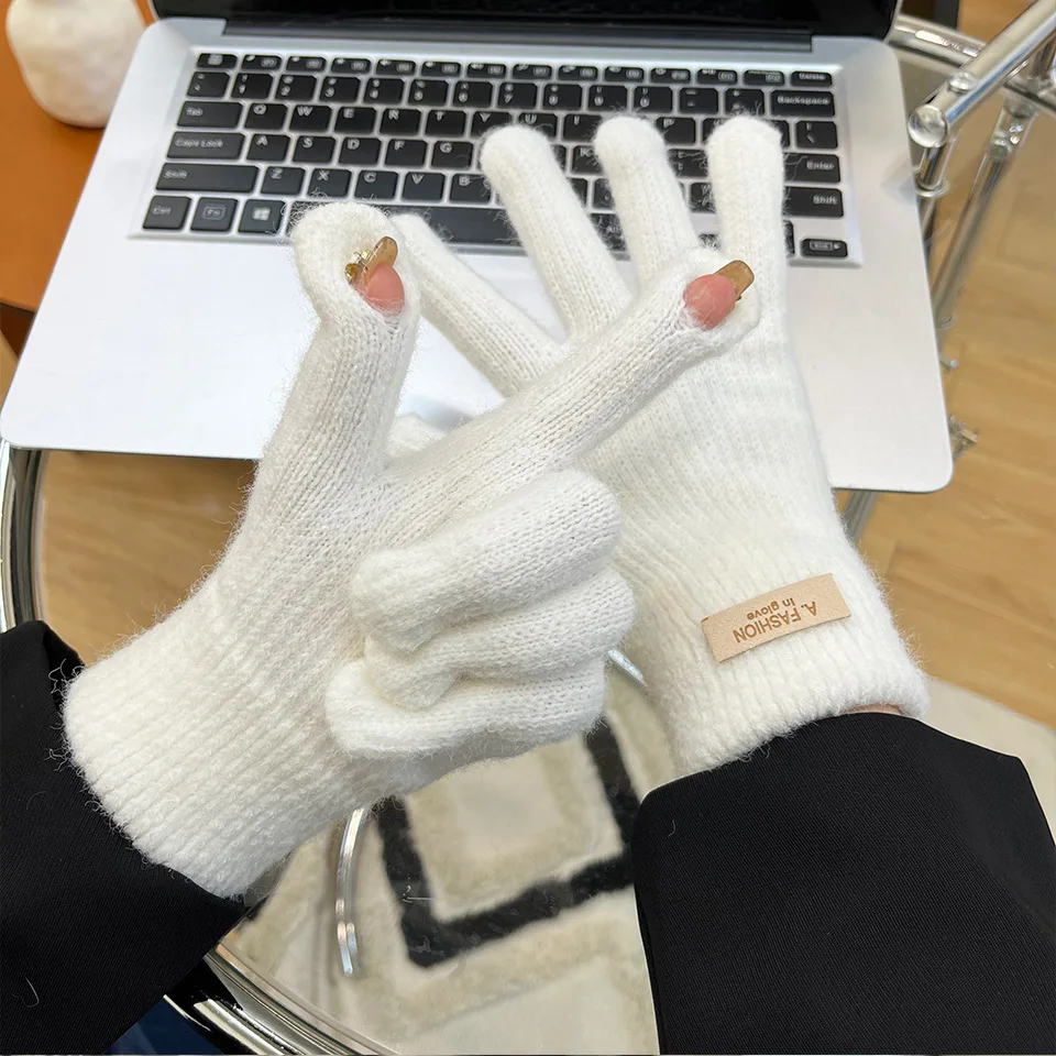 Korean Knitted Woolen Women in Winter Gloves Thickened with Velvet Candy Color Cycling Touch Screen gloves