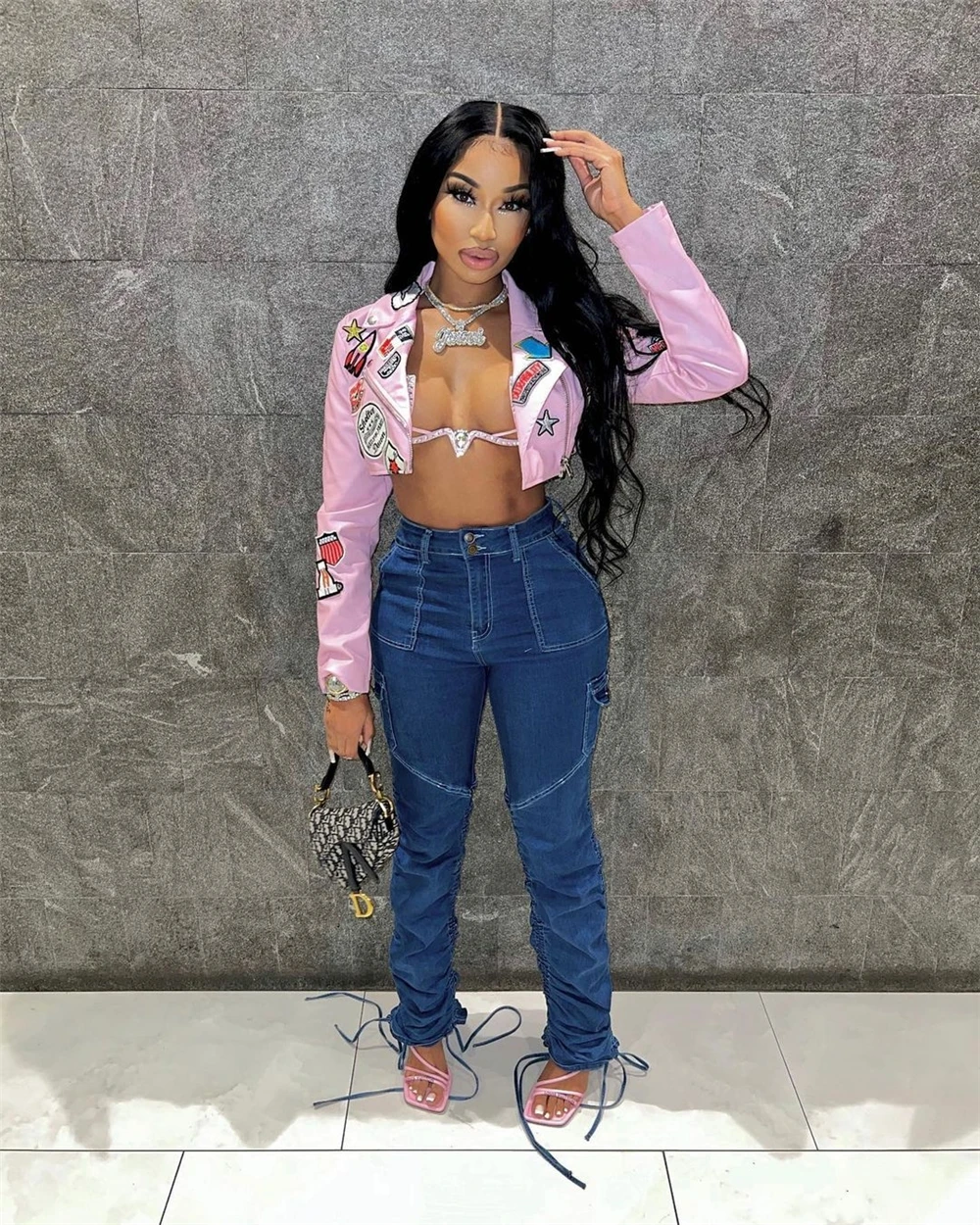 Fall 2023 Women Clothes Faux Leather Biker Jackets For Ladies Pu Leather Cropped Motorcycle Jacket Patches Leather Jacket