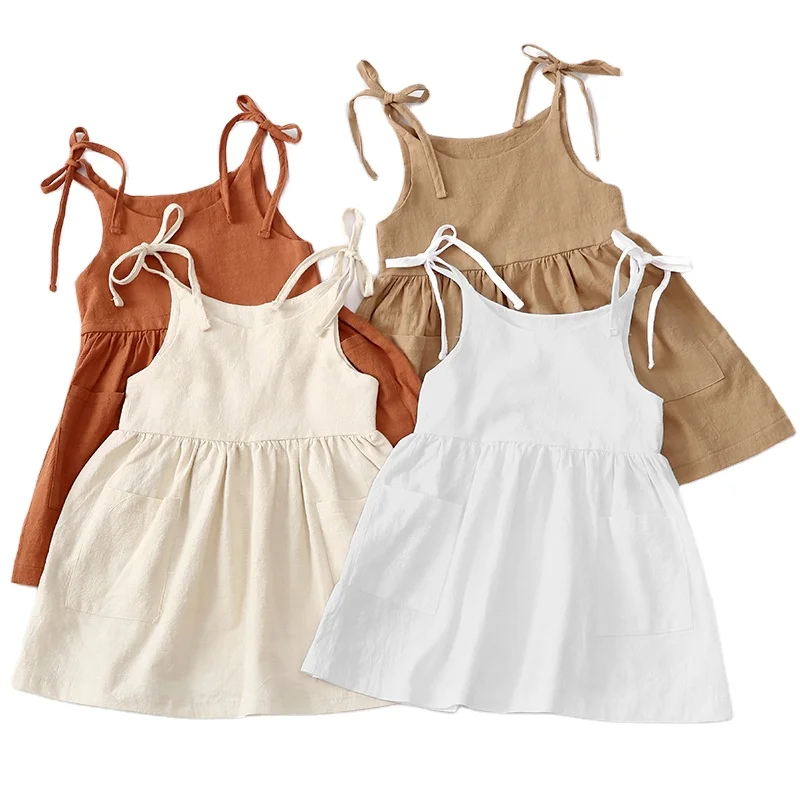 Ins Hot New Baby Girls Cotton Hemp Adjustable Sling Summer Dress for 1-6 Kids Suspender Dress