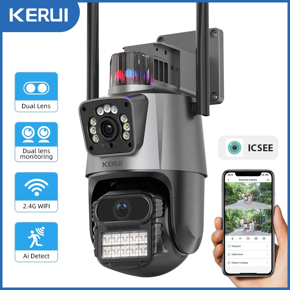 KERUI 4MP 2K уличная двойная линза PTZ пуля IP-камера для домашней безопасности двухэкранная видеокамера видеонаблюдения Wi-Fi