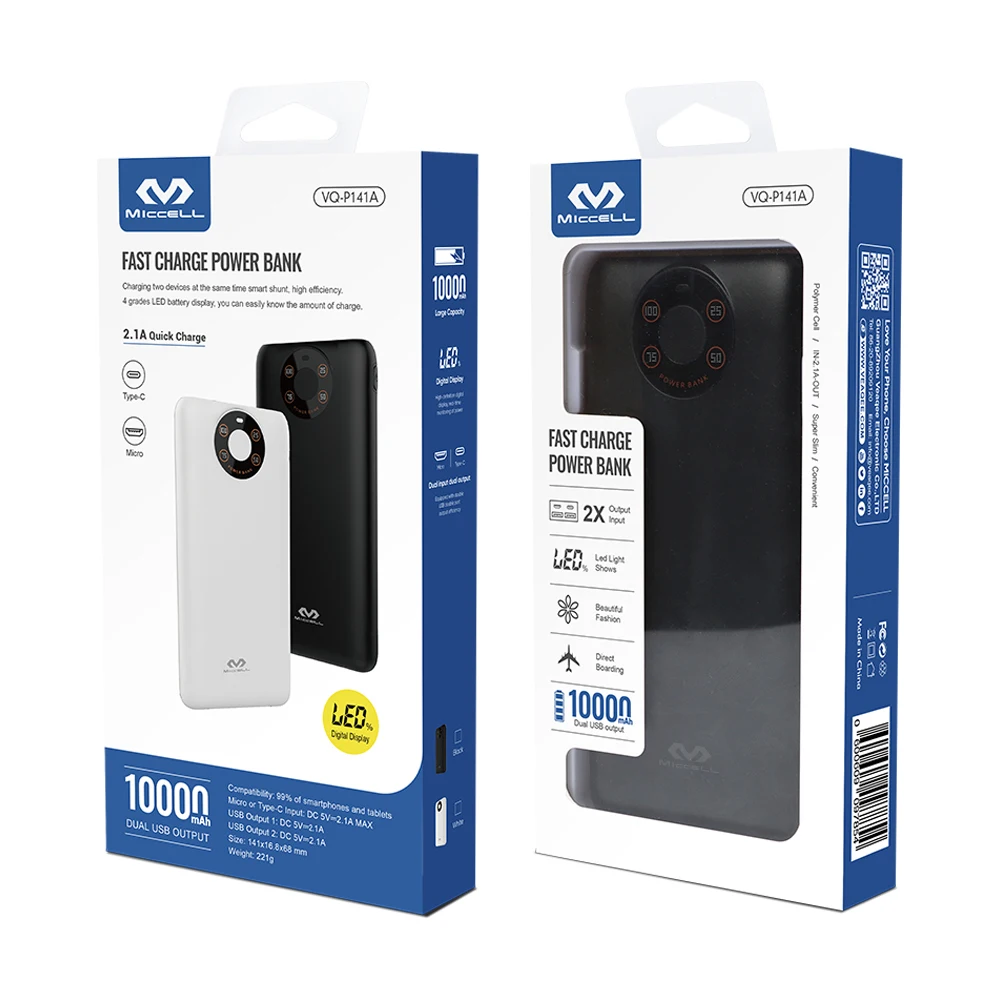 Внешний аккумулятор MICCELL на 10000 мА · ч со светодиодной подсветкой и двумя usb-портами, 10000 мА · ч
