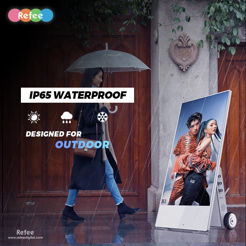 Floor standing outdoor waterproof IP65 battery powered high brightness moveable advertising board media player ad display