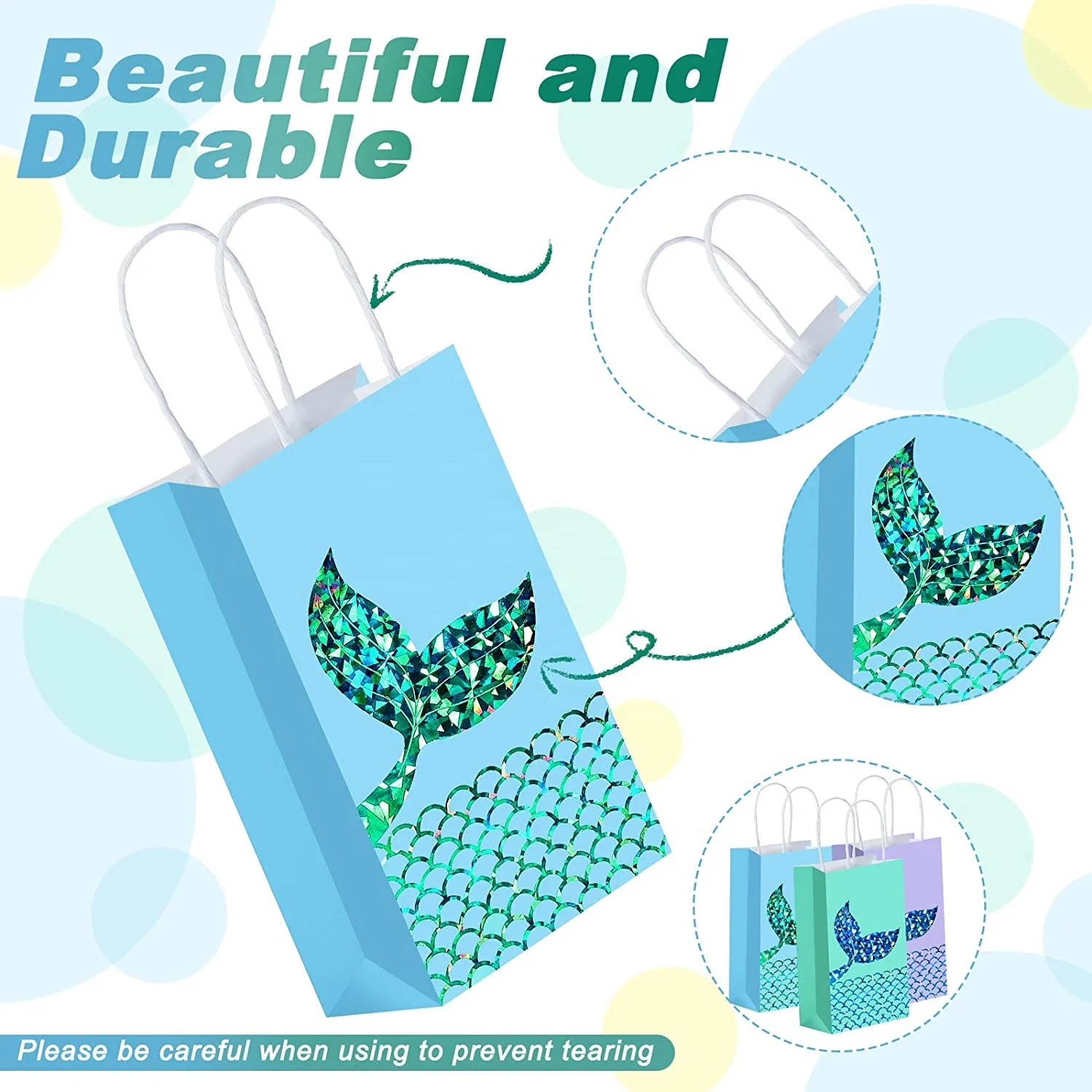 Mermaid Eco Party Favors Bags Presents Bag Set Little Mermaids Tail Goodies Bag For Candy, Chocolate, Accessories