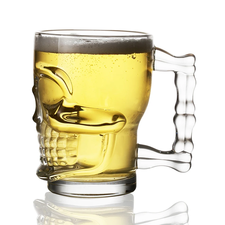 Machine Made Crystal Clear Big Grimace Shape Cups Double Wall Head Beer Mug Glass With Handle