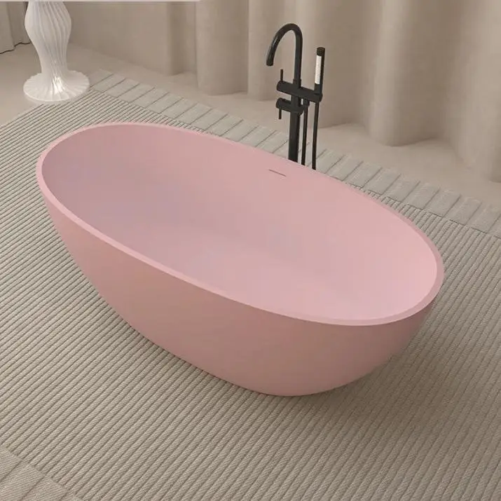 Pink Luxury Easy Maintain Tub Freestanding Artificial Stone White Pure Acrylic Solid Surface Bathroom Hotel Bathtub With Faucet