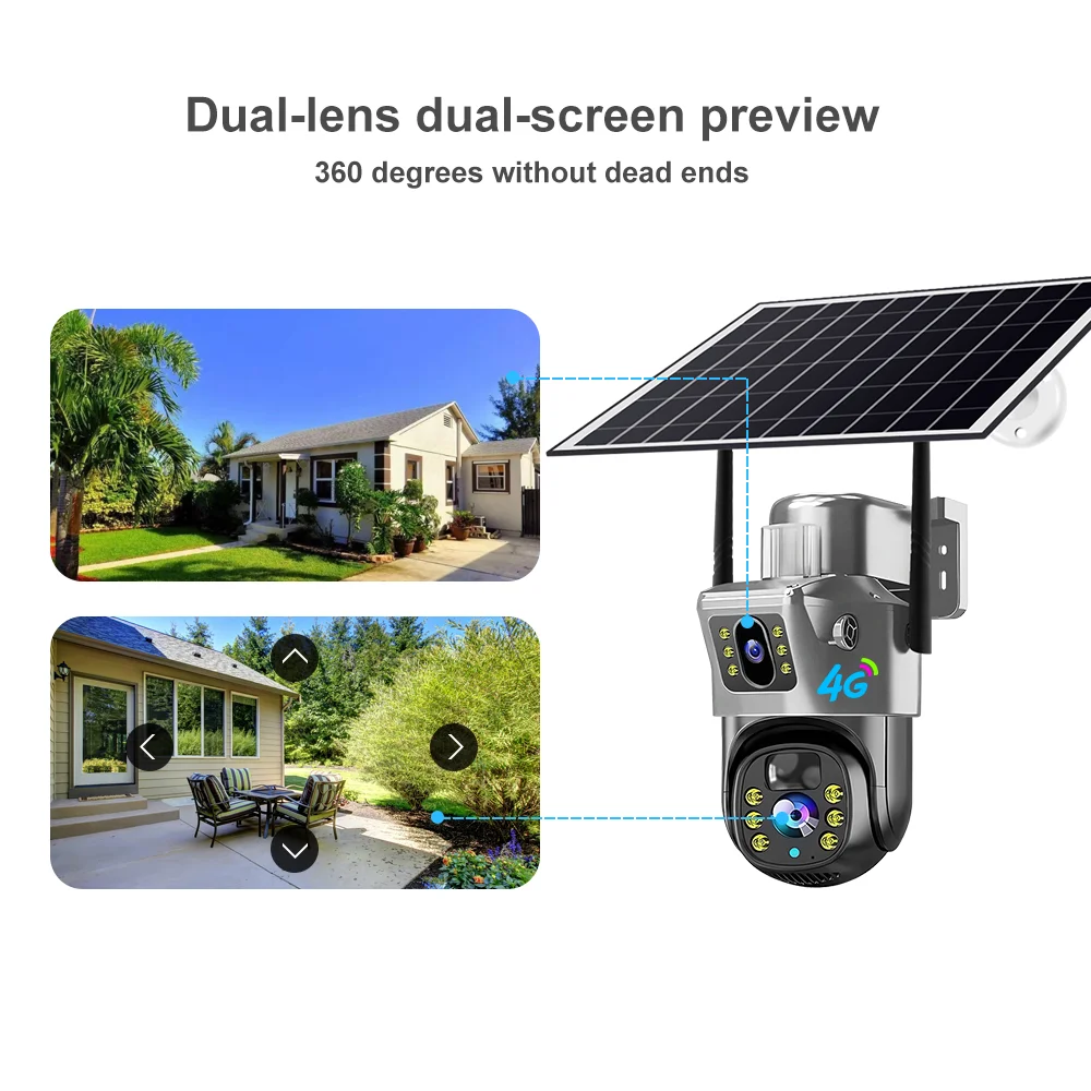 V380 4mp 4G Solar Dual Lens Ptz Camera Cctv Security 4G Outdoor Solar PTZ Camera 4G Dual Lens Solar Security Camera