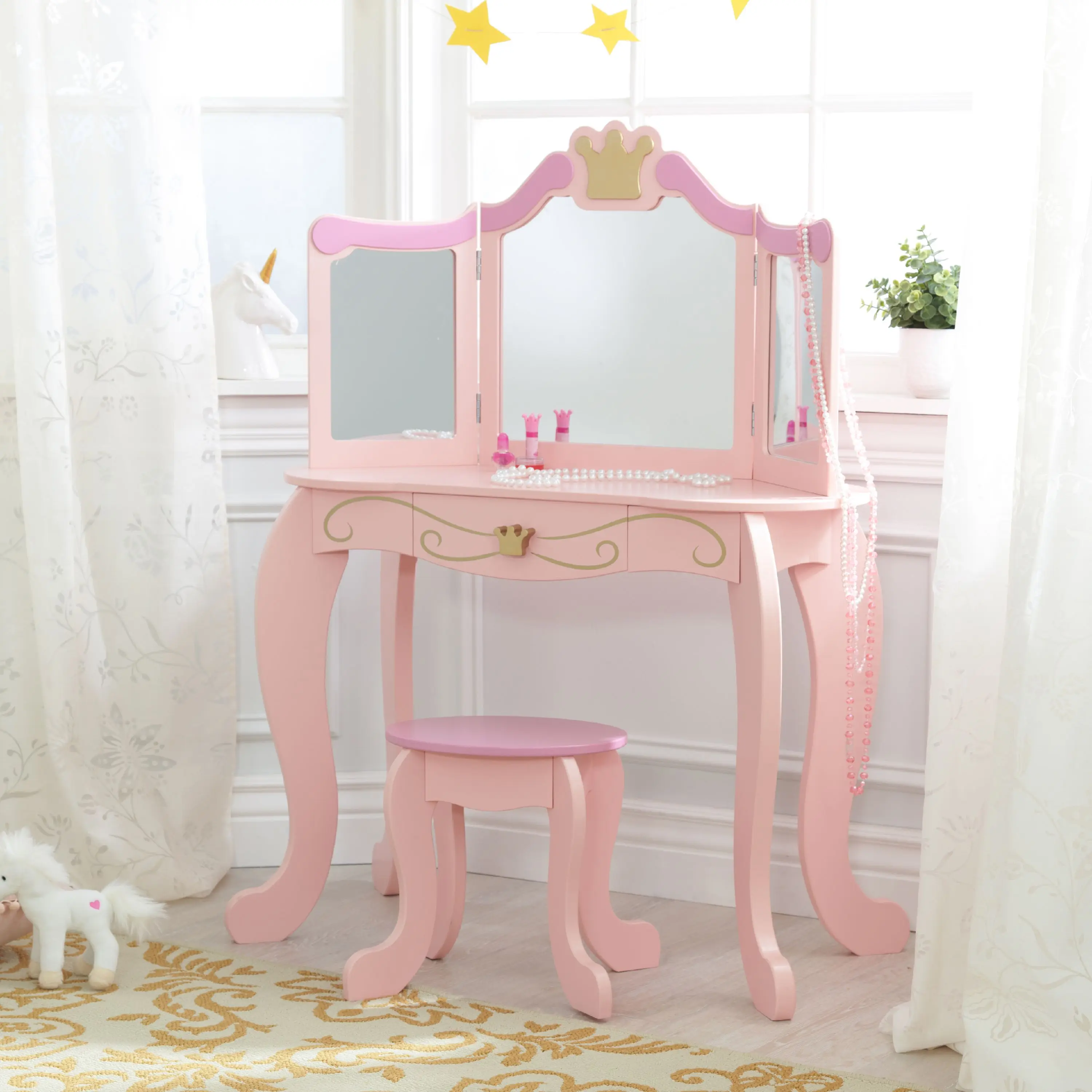 Glass Makeup Vanity Dresser Garden Furniture Professional Girls Toy Make Up Mirror Dressing Table With Chair