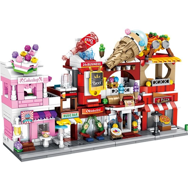 Panlos Mini Street View Series Cake Convenience Ice Cream Pizza Shop Assembly Model Assembly Building Block Plug-in Toy