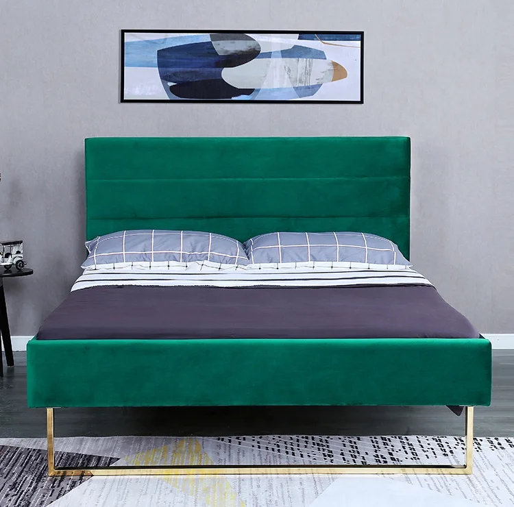 Willsoon Modern Design Luxury King Size Bed Lightweight with Velvet Fabric Golden Stainless Steel Foot Soft Leather Upholstery