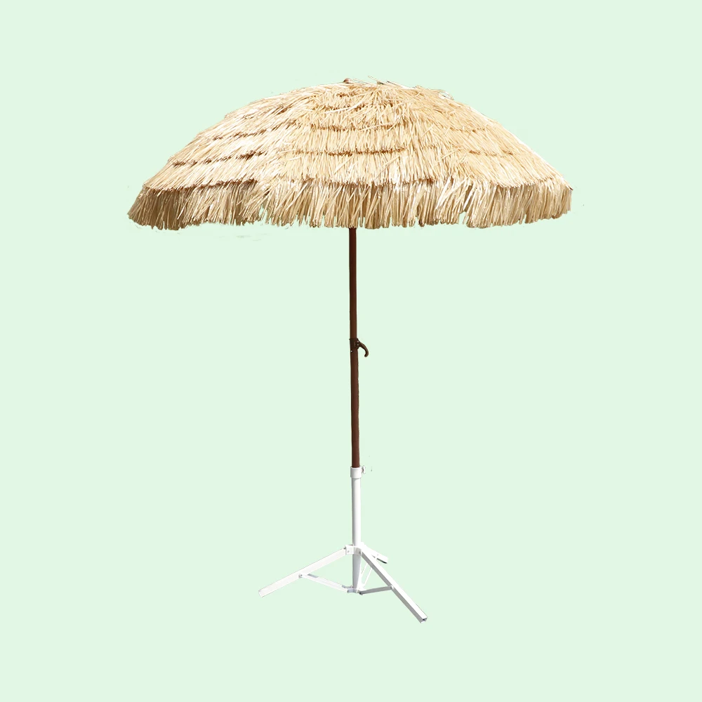 
High Quality Outdoor Straw Umbrella 215cm Natural Color Parasol Raffia Thatch Roof Beach Umbrella with Tassels 