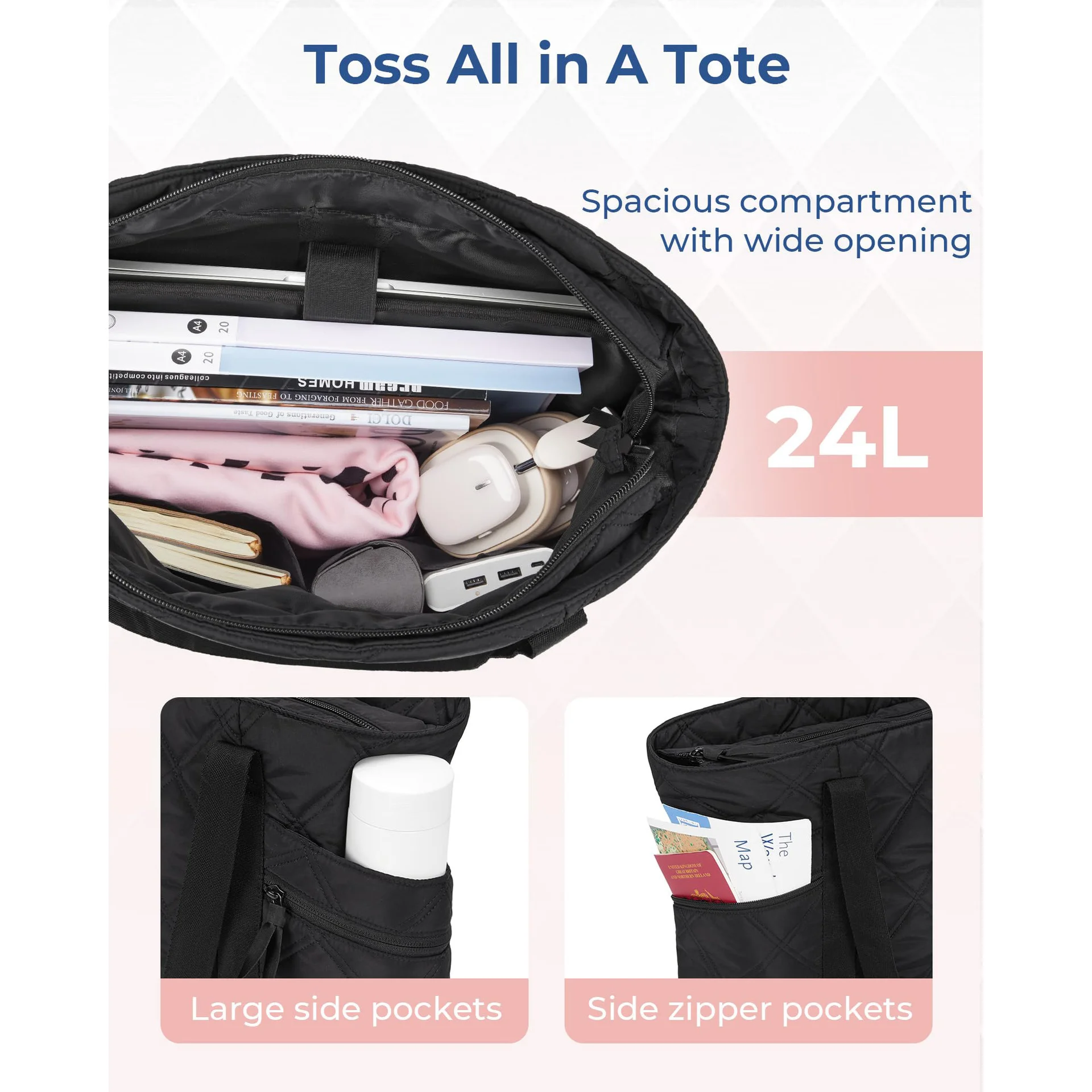 custom travel large recycle high quality nylon oversized Quilted Puffer Handbag casual shoulder tote bag with zip for Women