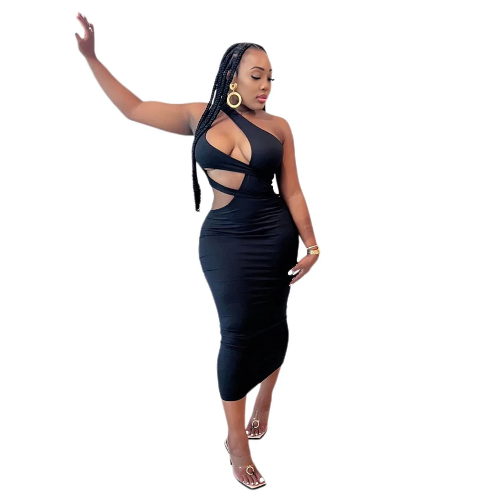 Dropshipping New Arrivals Cut Out Solid Bodycon One Shoulder Women Dresses Summer 2022 Women Clothing