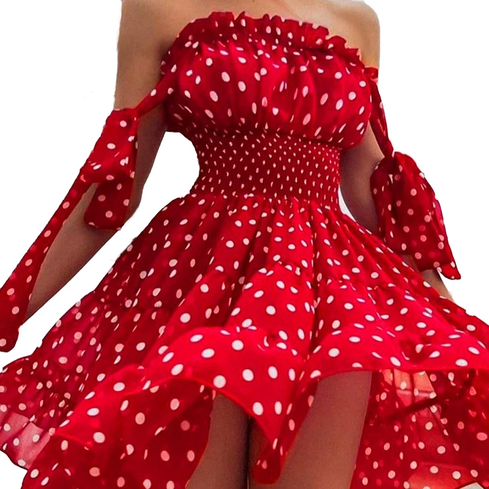Customized summer polka dot printed chiffon dress Sexy Wrapped Chest Swing Dresses