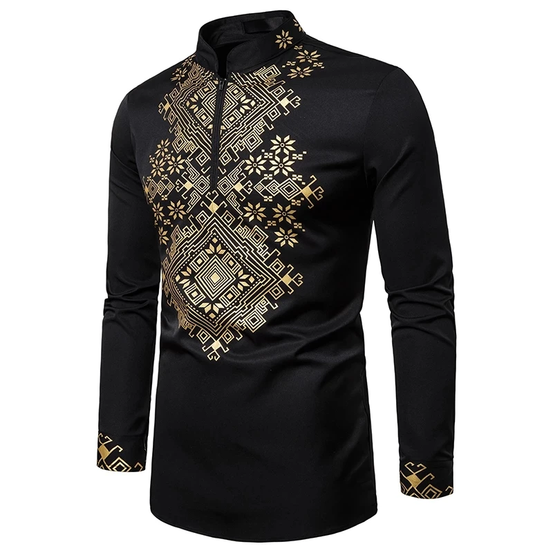 
Men Cotton Polyester African Printing Long Sleeve Stand Collar Dashiki Mens Shirts 