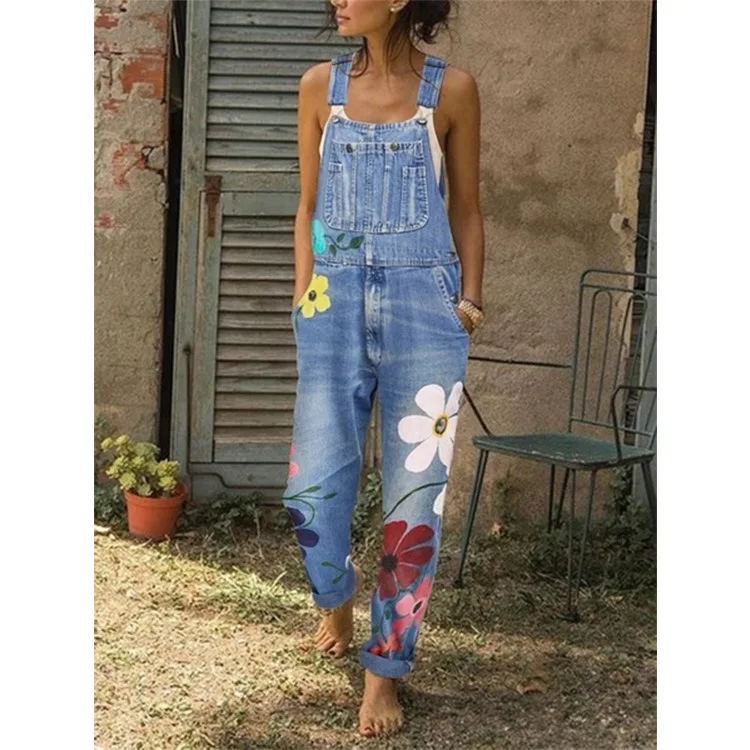 
2020 qzbaoshu Womens Floral Long Jeans Denim PocketS Ready Made Overalls Bib Pants 