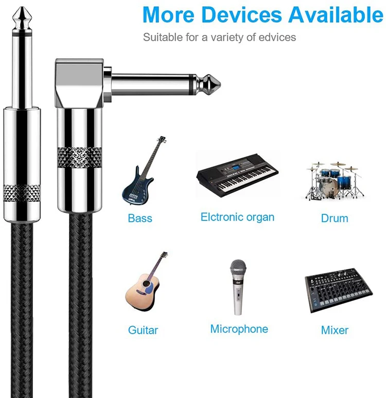 Factory OEM 10FT 1/4 Inch TS Mono Jack Right Angle to Straight Electric Guitar Cable for Acoustic Instrument for Music Amplifier