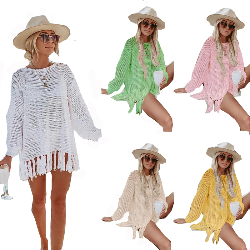 Swimsuit  Crochet Cover Up Women Hollow Out Tassel Bathing Suit Coverups for Summer Long Sleeve Swim Beach Top