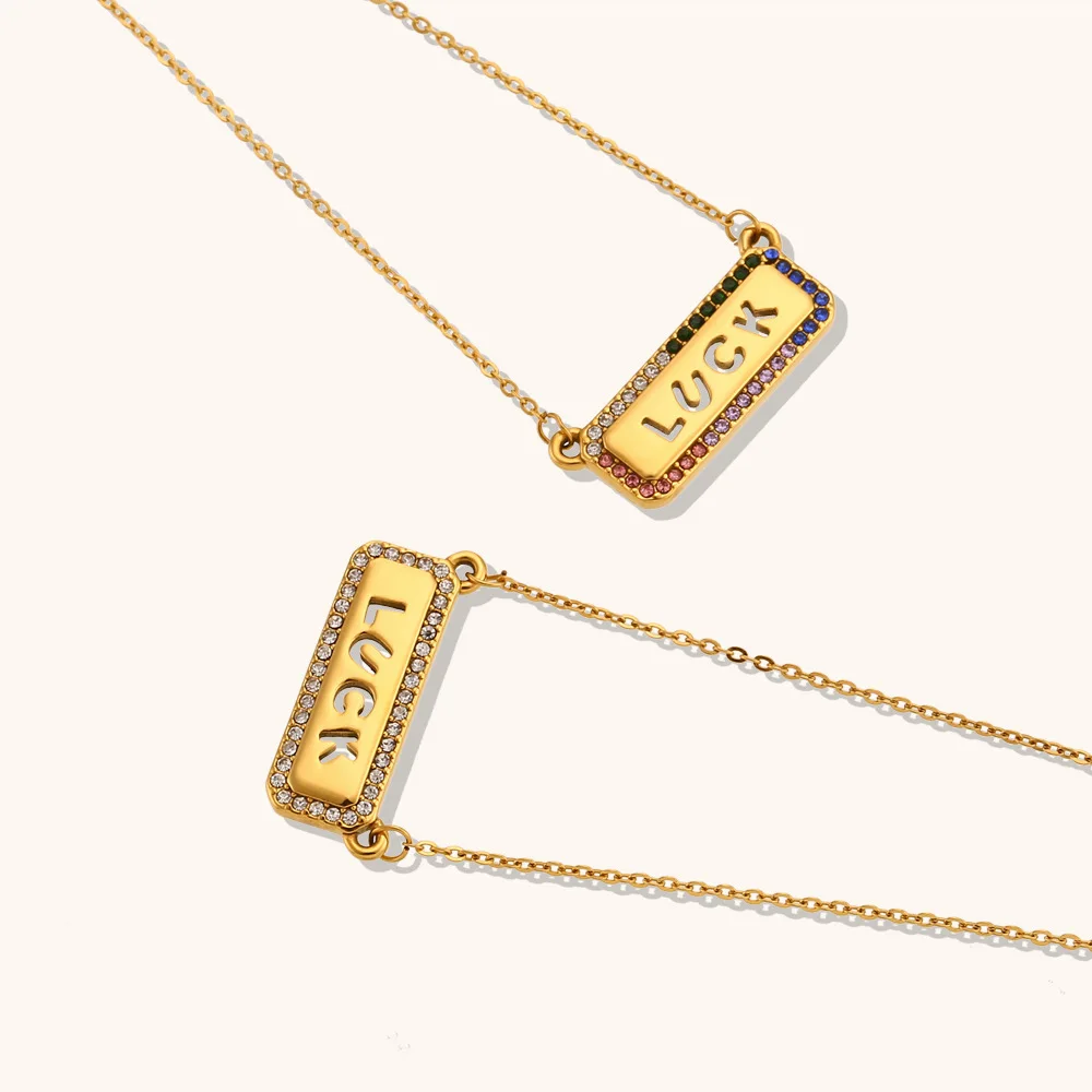 Square Multi Color Plated Cz Vintage Zircon Stainless Steel Good Luck Charm Necklace 18K Gold Plated Jewelry